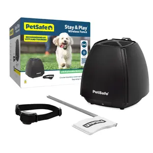 PetSafe Stay & Play Wireless Pet Fence with Replaceable Battery Collar - Circular Boundary Secures up to 3/4 Acre No-Dig Portable Fence for Dogs 5 lb & Up from Parent Company Invisible Fence Brand