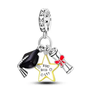 MULA 925 Silver Plated Graduation Pendant | Cap, Star and Diploma Charm | Enamel and Sparkling Zirconia | Academic Achievement Jewelry | Fits Pandora Bracelets and Necklaces | Perfect Graduation Gift