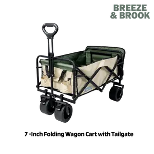 Breeze&Brook Collapsible Folding Wagon, Beach Cart with Side Pocket, Optional Roll-Up Folding Table Top, Pet Cart, Durable Outdoor Utility