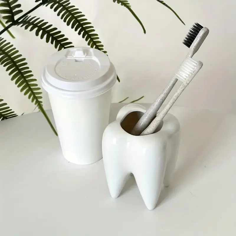Tooth Shaped Toothbrush Holder, 1 Count Ceramic Toothbrush Holder, Desktop Sundries Storage Decoration, Bathroom Accessories, Modern Bathroom Accessory, Toothbrush and Toothpaste Container, Bathroom Accessories Organizer