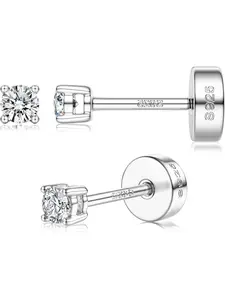 Moissanite Sterling Silver Earrings for Women - 2-5MM 14K Gold Stud, Small Round Cut D Color VVS1 Simulated Diamond Flat Back Hypoallergenic Jewelry Gift