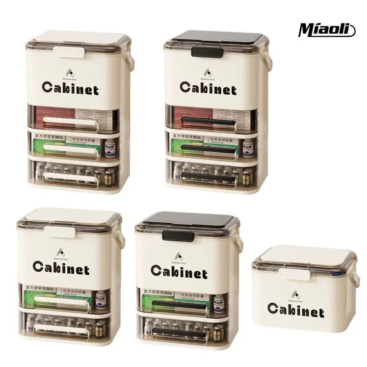MiAoLi Lockable 1-3 Tier Drawer Medicine Cabinet - Eco-Friendly Cream White PET Storage Organization Organizer with Large-Capacity Transparent 360-Rotation Boxes, Portable Handle, Safety Latch, Wheel for Home Storage Enthusiasts