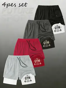 4 Pcs Men's 2 In 1 Gym Workout Shorts Set, Breathable Double Layer Athletic Training Shorts, Activewear Shorts, The Gym Is My Therapy Graphic Trousers #summeroutfits #streetwear #mensfashion