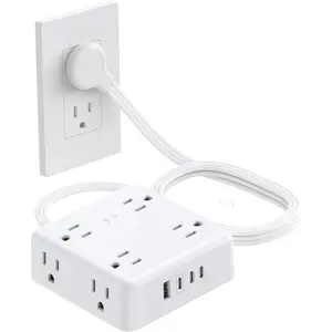 Surge Protector Power Strip, 5FT Flat Plug Extension Cord with 8 Outlets & 4 USB Ports (3 USB C), 1625W, Wall Mount Outlet Extender for  Office Dorm Room Essentials, White