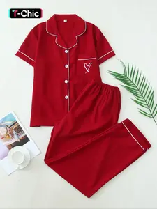 Women's Two-Piece Pajama Set, Contrast Binding Lapel Pocket Heart Embroidery Short Sleeve Top & Bow Pants Sleepwear for Home Use Loungewear
