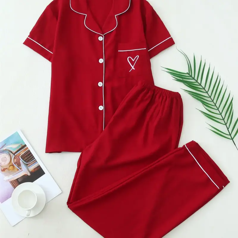 Women's Two-Piece Pajama Set, Contrast Binding Lapel Pocket Heart Embroidery Short Sleeve Top & Bow Pants Sleepwear for Home Use Loungewear Pj Set