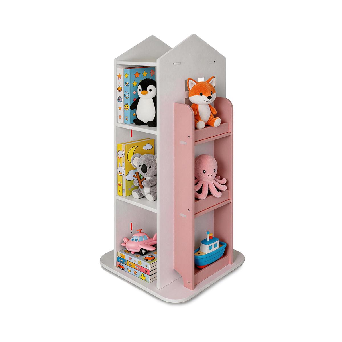 White 4-Tier PVC Corner Shelf System - 360-Degree Rotating Floor-Standing Bookshelf Tower, Space Saving Layered Multi-Shelf Living Room Furniture, Kids Book Organizer for Bedroom Small Spaces