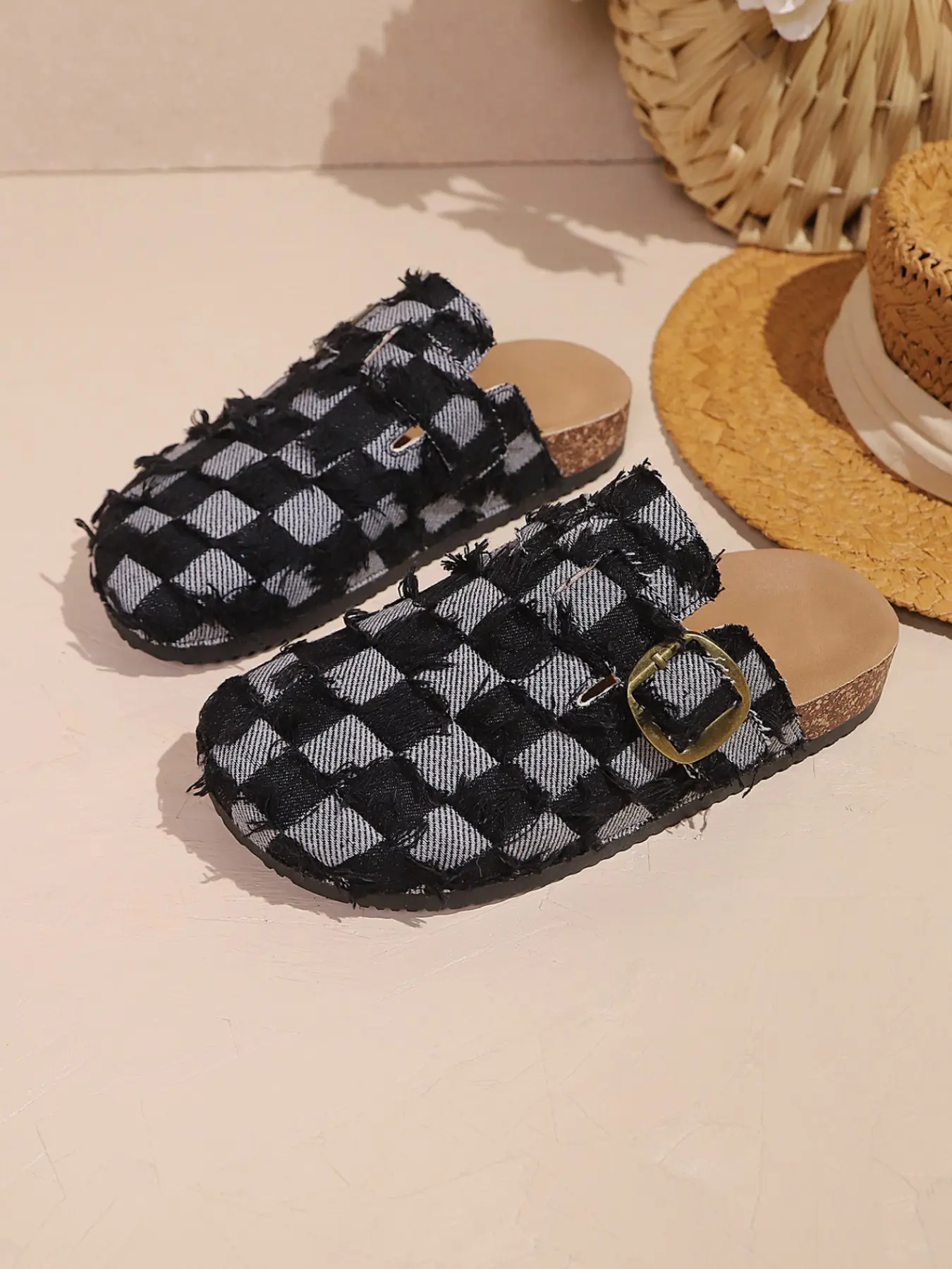 New Denim Checkered Bloggs Sandals, Vintage Lazy Style, Soft Wood Texture Insole, Anti-Slip Rubber Sole, Comfortable Walking Shoes, Unique Sandals
