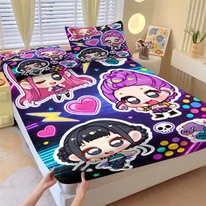 K-Pop Anime Girl Group Fitted Sheet Set, 1 Fitted Sheet & 2 Coreless Pillowcases, Deep Purple Gradient Neon Effect Stage and Sweet Cool Girls, Soft Breathable Fabric Bedding, Gift or Bedroom Decor