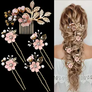 5PCS Bridal Flower Wedding Hair Pins Crystal Pearl Hair Clips Headpiece Gold Wedding Hair Accessories Jewelry with Rhinestone for Brides Bridesmaids Women Girls Updo (Cherry Blossoms Pink)