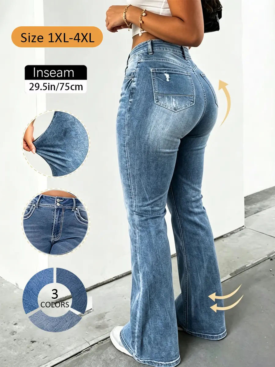 【Plus Size】Women's Plus Size High Waisted Bootcut Jeans, 4XL Tummy Control Butt Lifting Cotton Stretch Bell Bottoms, Light Wash Distressed Contoured Seams Comfortable Fit for Curvy Women   Clothes Y2K   - DM70562 Crop Tops Womenswear