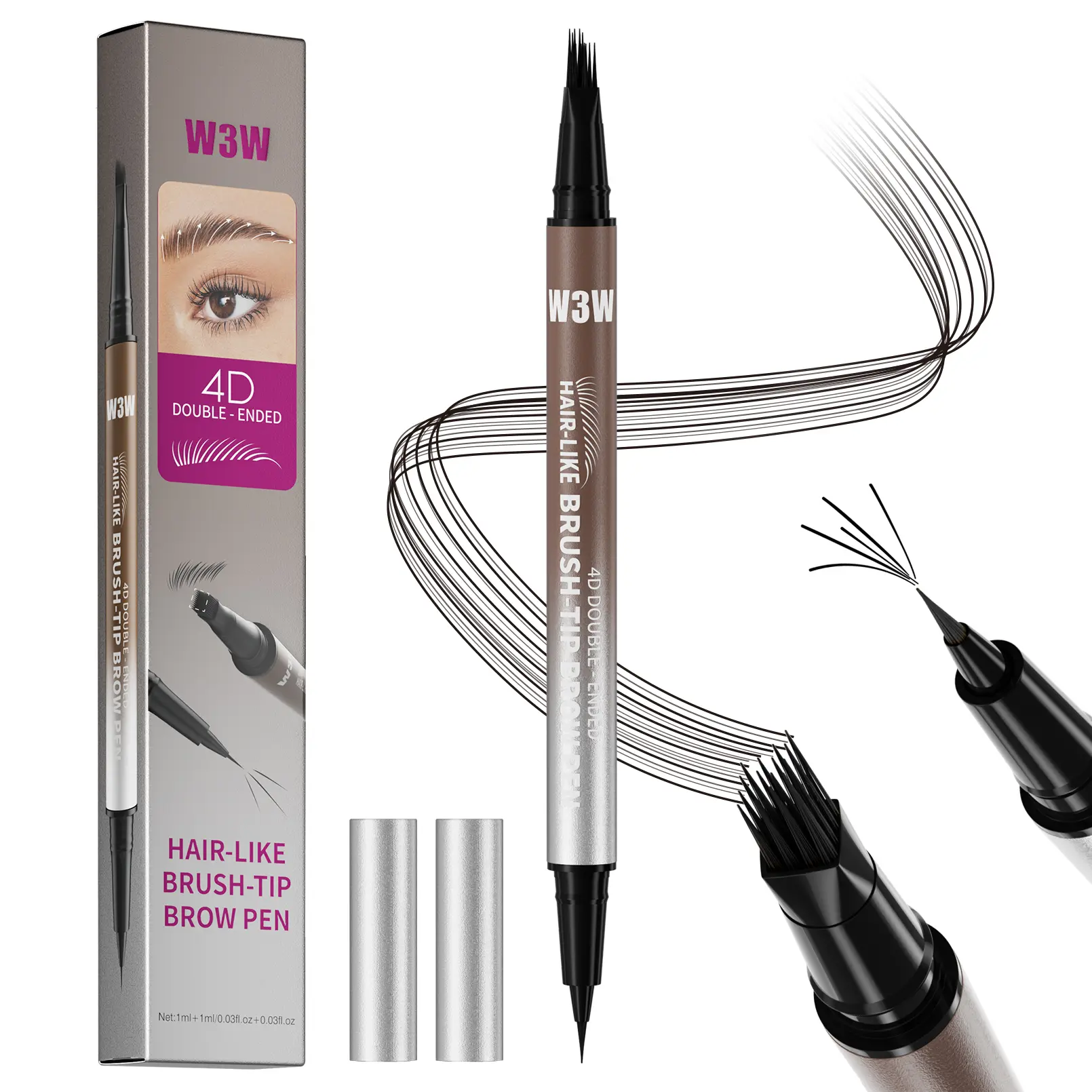 W3W Original 4D Brush Tip Waterproof Microblading Eyebrow Pen, 2‑in‑1 Dual‑Ended, Natural Hair‑Like Strokes, Long‑Lasting