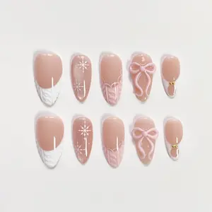 Pink Christmas Nails/Bow Nails/Sweater Texture Nails/Snow Nails/Christmas Press on nails long almond nails/Pink Nails/Cute Cat Eye Nails