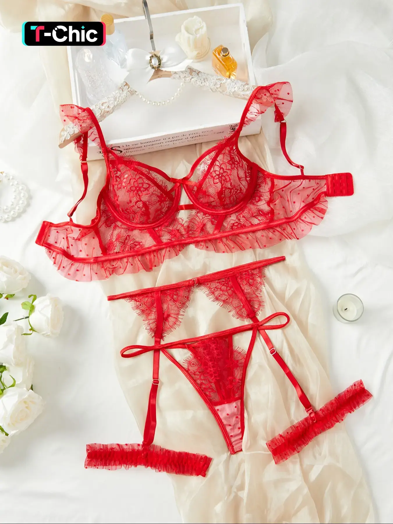 Christmas Midnight Floral Embroidered Lace Soft Comfy Lingerie Set, Adjustable Bra & Thigh Straps, Comfortable Women's Underwear, Underwear Sets, Multi-Color