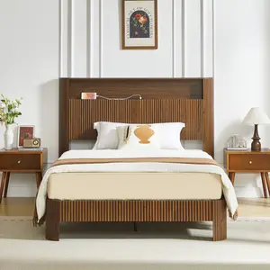 Full Extra Long(Full XL) Size bed frame with storage headboard, built-in charging station, wavy curved lines design, silent operation, metal support, Walnutbed frame