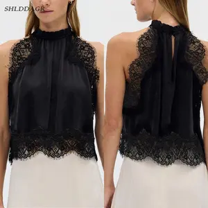 Black Lace Trimmed Sleeveless Top High Neck Elegant Sheer Women's Going Out TopsFit Party Clubwear Casual Chic Fashion Blouses for Women