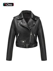 Women's Spring Jacket Vintage Street PU Coat, Fall Winter Casual Faux Leather Stand Collar Zipper Short Fitted Motorcycle Jacket with Belt