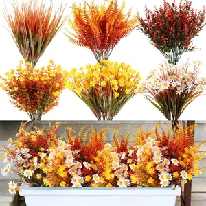 24 Bundles Artificial Fall Flowers, UV Resistant Fake Mums, Plastic Faux Lavender, Outdoor Fall Decorations, Thanksgiving Home Decor