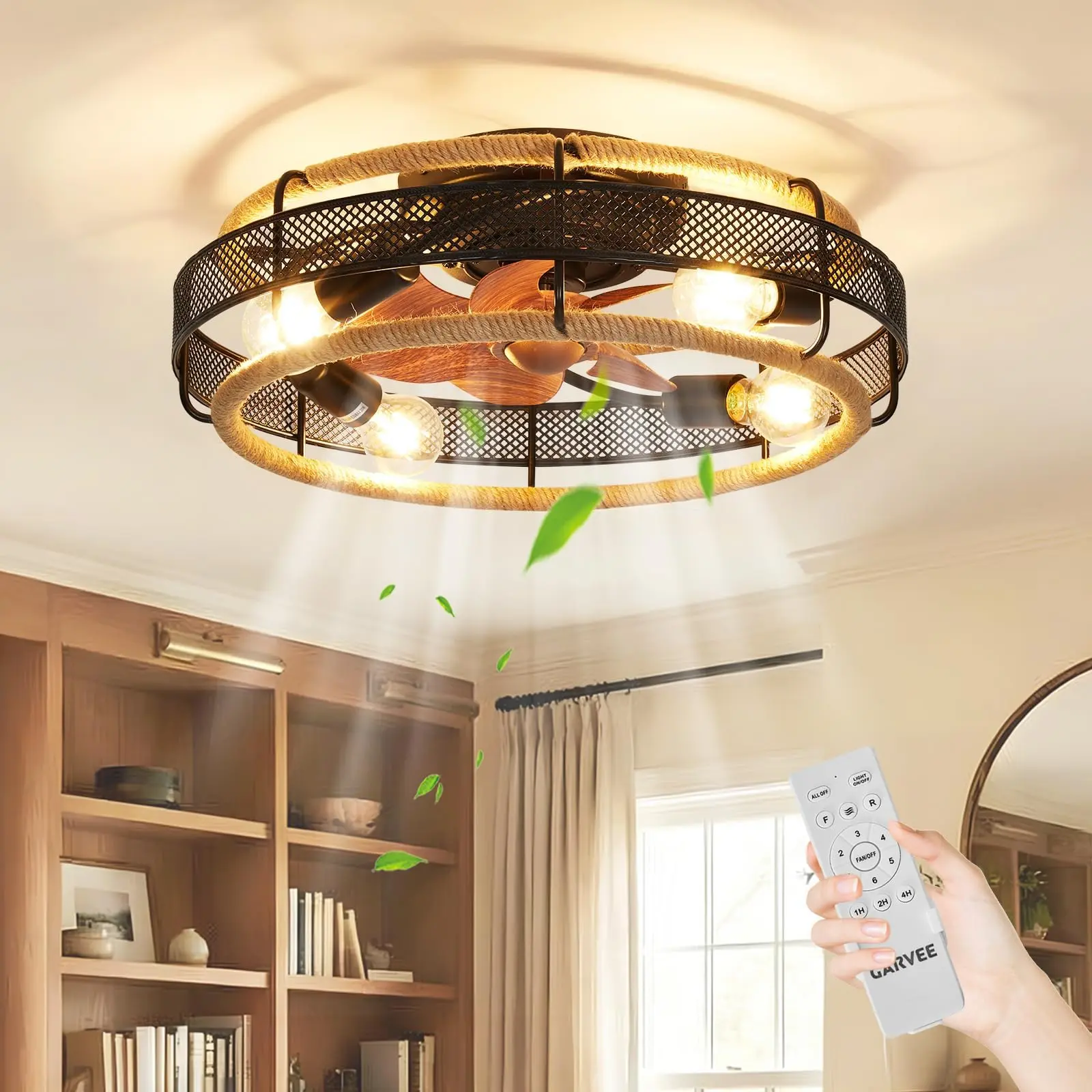 20'' Boho Ceiling Fan with Light and Remote - Flush Mount Caged Ceiling Fan with 6 Speeds for Bedroom, Living Room,Flicker-Free • Hand-Woven Rattan
