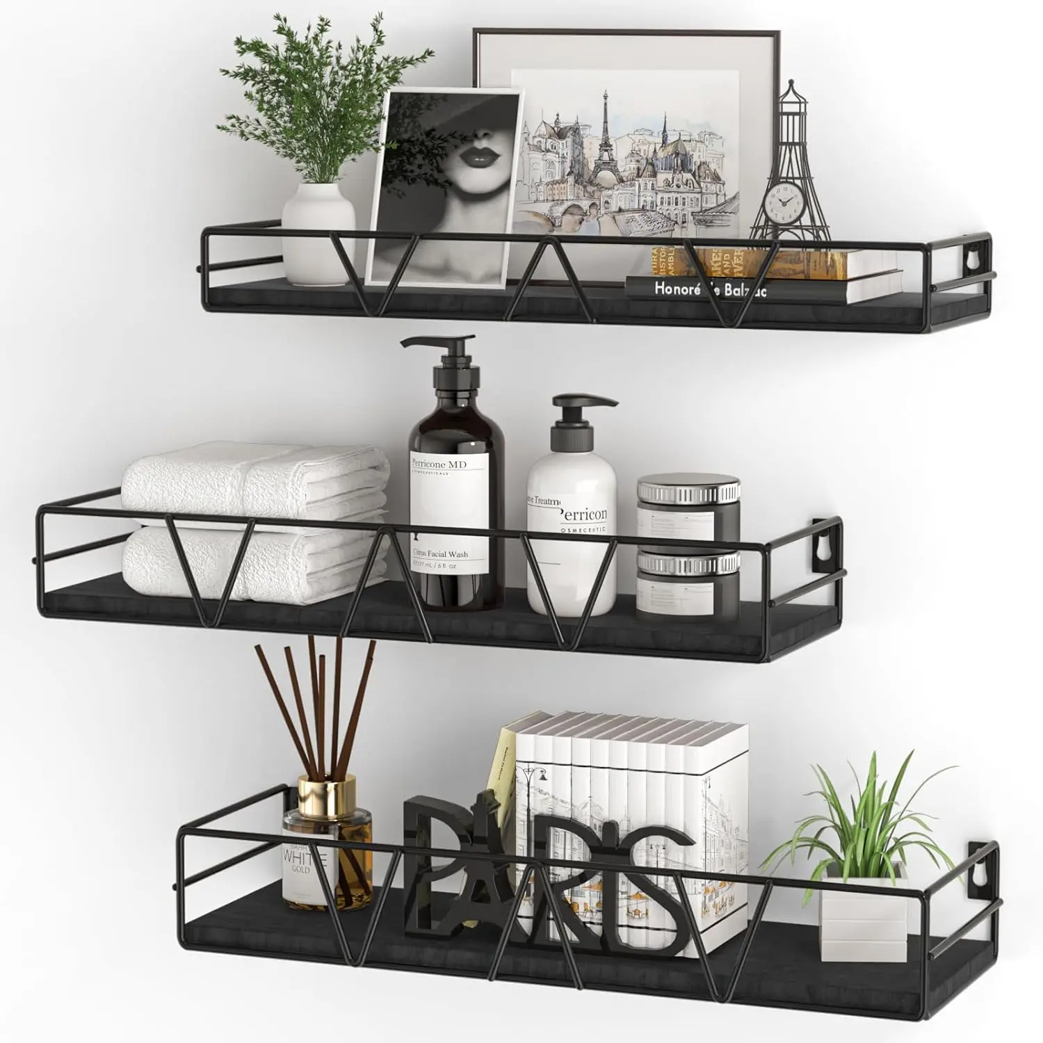 Floating Shelves Set of 3, Home Wood Wall Shelf, Farmhouse Shelf for Bedroom, Wall Mounted Floating Shelf for Living Room, Bedroom, Bathroom, Kitchen, Office