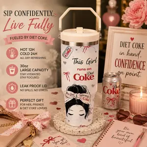 1 Pc 30oz "This Girl Runs on Diet Coke" Insulated Travel Mug, Double Wall, Leak-Proof, Hot Drinks Stay Warm for 12H, Cold Drinks Stay Cold for 24H, Stylish & Durable, Perfect Gift for Diet Coke Lovers, Ideal for Daily Use, Office, Gym, Travel, Outdoor Act