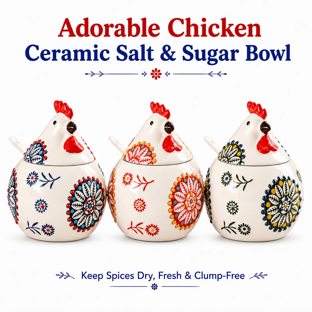 Farmhouse 3-Pcs Enamelware Food-Safe Canister Jars Set - Handcrafted-Style Handpainted Floral Underglaze, Hermetic Lids, Matching Spoons, Dust-Moisture Proof Kitchen Preserving Utensils for Salt/Sugar/Spices, Ideal Mother's Day Gift for Adults, Cute Roost