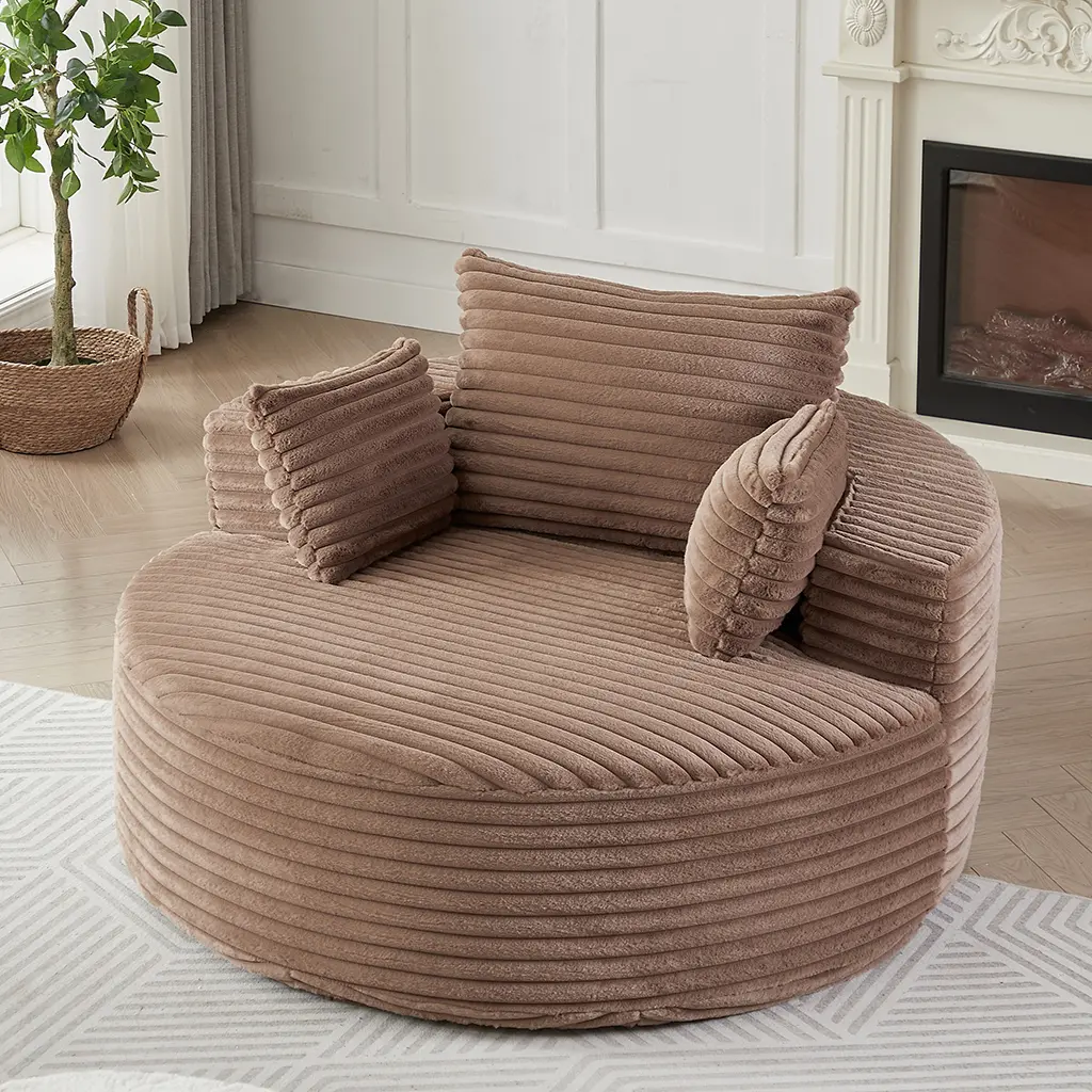 Oversized Round Chaise Longue Chair Indoor, Modern 55-inch Upholstered Corduroy Deep Seat Circle Single Cloud Lounge Floor Sofa Chair for Living Room, Bedroom Apartment, Brown (Not a swivel chair.)(Not a swivel chair.)