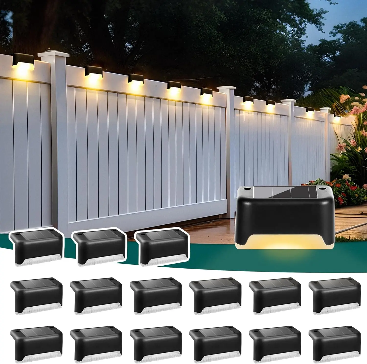Solar Deck Lights 16 Pack, Outdoor Step Lights  Led for Stairs, Fence, Yard, Patio, Pathway (Warm White)