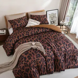 Comforter Set Queen Size Brown Leopard Print Bedding Set Chic & Stylish Animal Print Cozy Soft 3 Pieces Bedding for Bedroom, 1 Bed Sets(90''x90'') with 2 Pillow Shams(20''x26'')