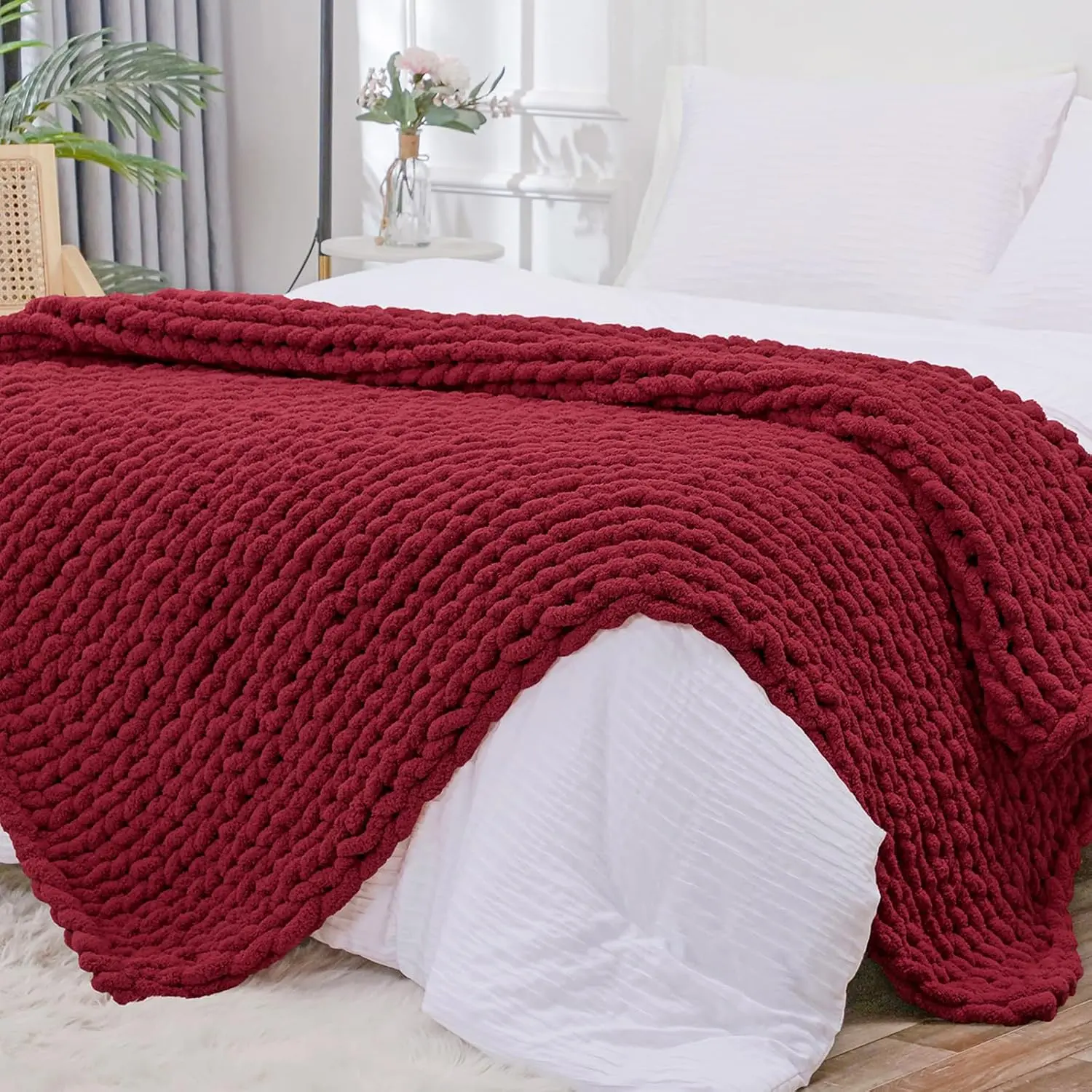 Chunky Knit Throw Blanket, 51x63 in, 100% Hand-Knitted Thick Jumbo Chenille Yarn, Rope Knot Cable Design for Couch, Sofa Room, Red