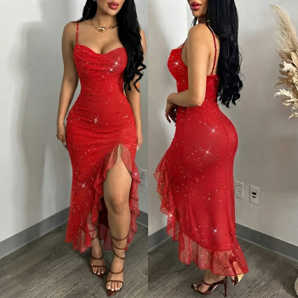 CHICME Women's Glitter Mesh Cami Dress Cowl Neck Slit Mermaid Dress Backless Ruffle Hem Party Dress with Built-In Bra