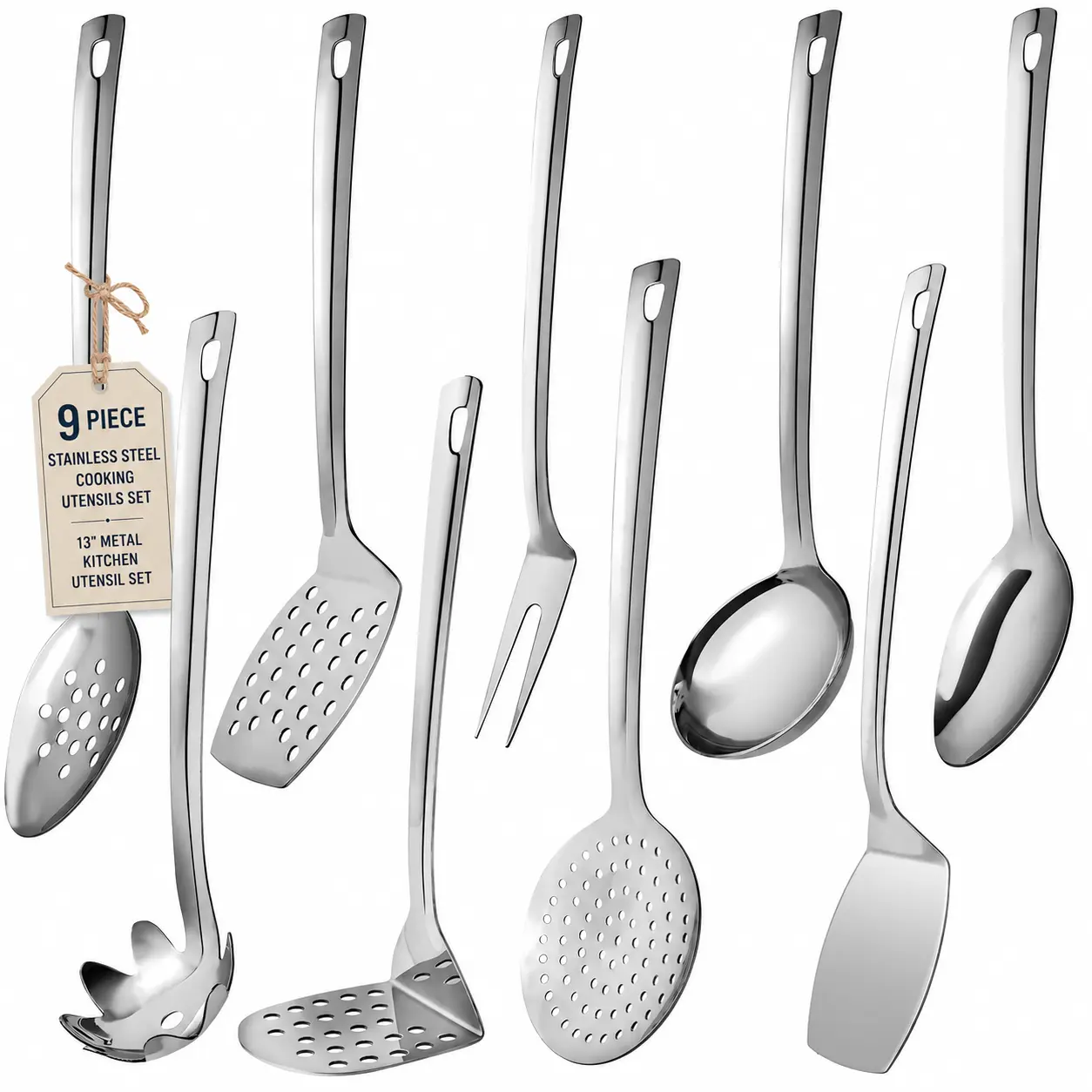 9PCS Stainless Steel Kitchen Utensil Set with 13-Inch Long Sturdy Handles, Heat-Resistant Polished Look Cooking Tools, Dishwasher Safe Heavy-Duty Kitchen Gadgets, Long Handles