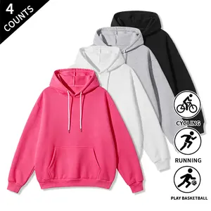 4-PACK basic blank pullover hoodies — long-sleeve hooded sweatshirts, solid colors, casual athletic style, suitable for sports and everyday wear