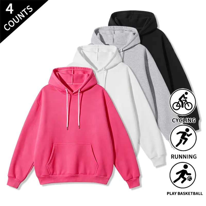 4-PACK basic blank pullover hoodies — long-sleeve hooded sweatshirts, solid colors, casual athletic style, suitable for sports and everyday wear