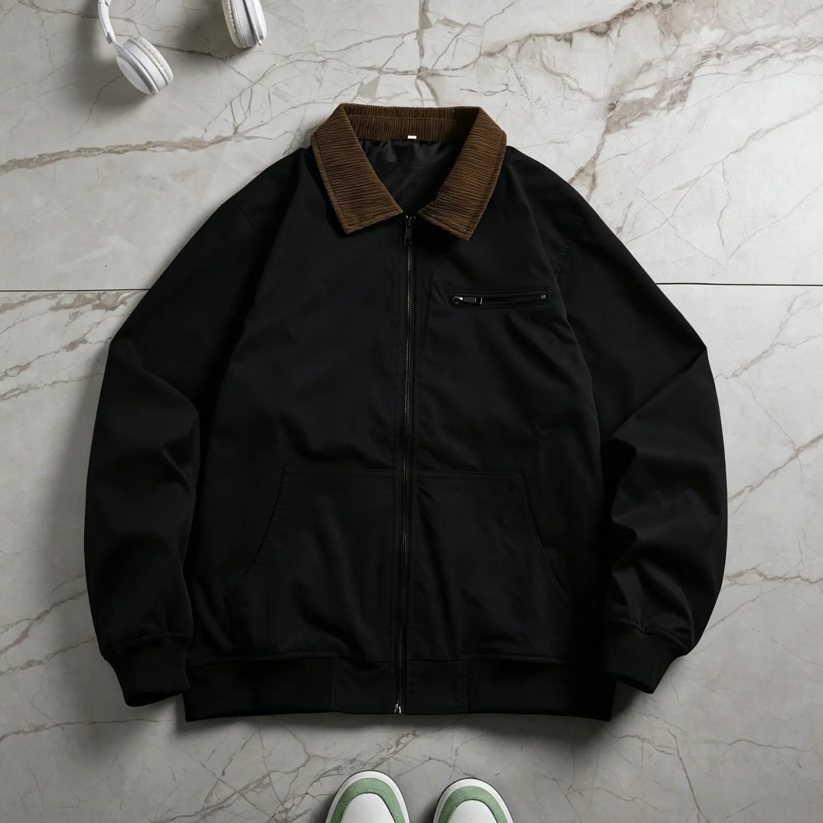 Color-block corduroy jacket with notched lapel, zipper closure, chest pocket, two side pockets, loose fit, vintage men’s casual outerwear