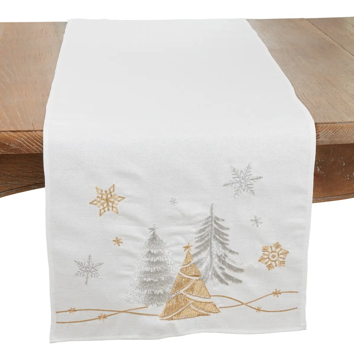 Oblong Shape Table Runner - 16x72 in. White Winter Wonderland Trees & Snowflakes Design, for Table Decor, Christmas Vibe, Holiday Look
