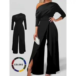 Elegant Women’s Solid Color Ruched Wrap Wide-Leg Jumpsuit with Split Hem — Perfect for Dating and Everyday Wear in All Seasons