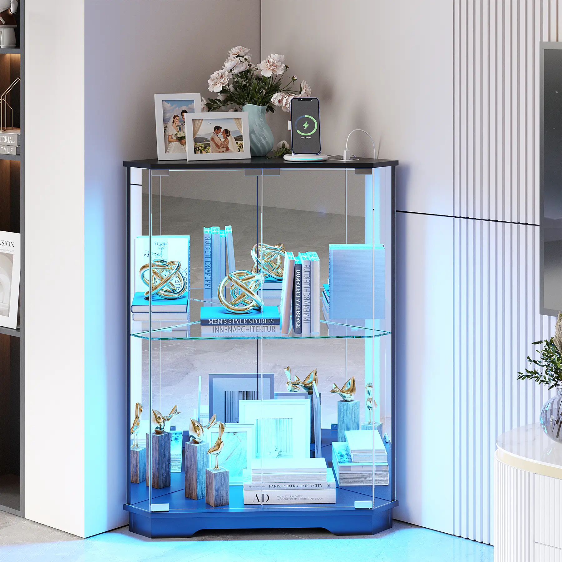 Dystler Modern Decor Corner Cabinet with Tempered Glass Doors, Small 2-Tier Figurine Storage Shelf, 3-Color LED Lights, USB Charging Station (Black/White)