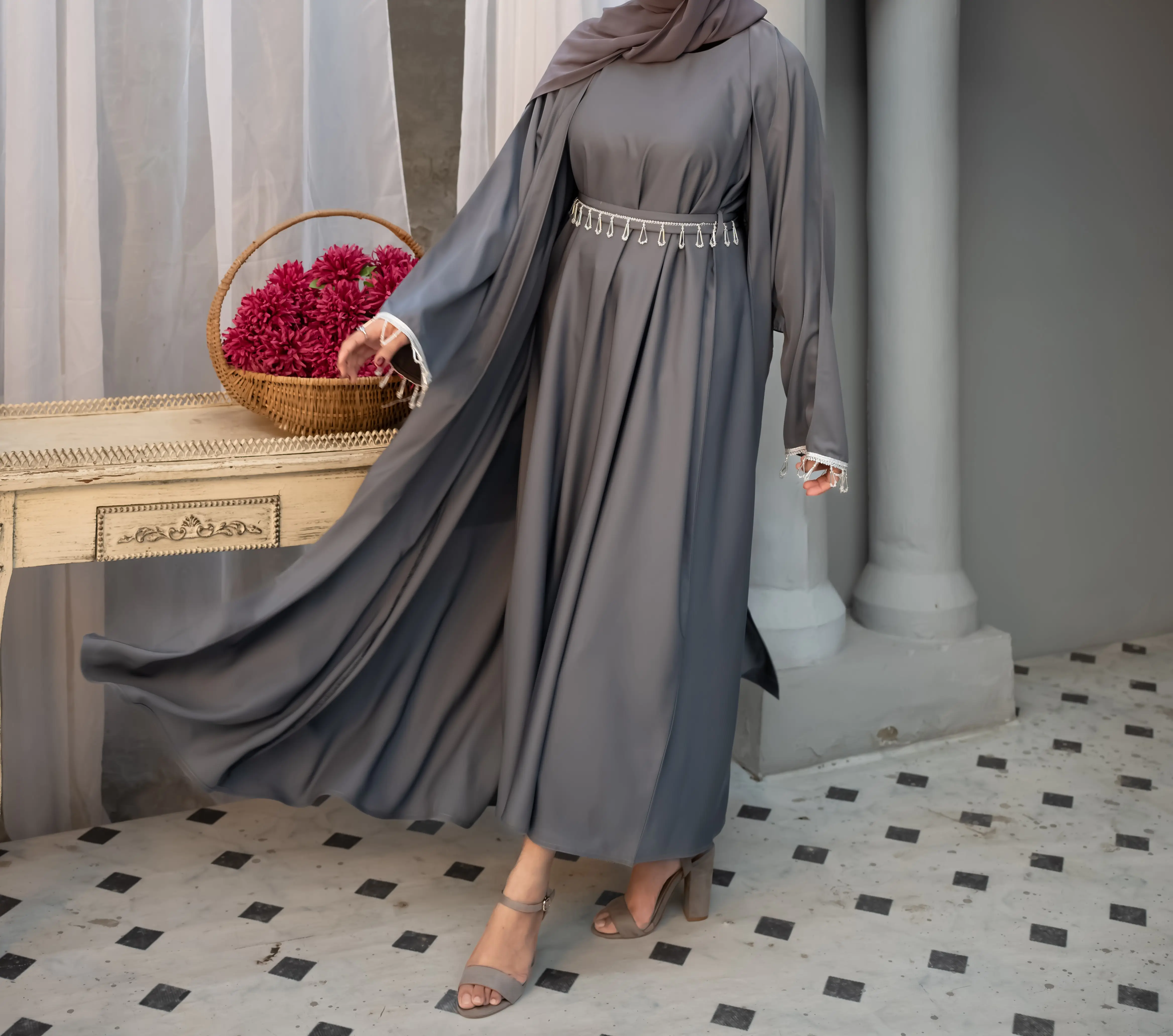 2 Piece Women's Solid Belted Satin Abaya, Modest Long Sleeve Round Neck Muslim dress for women, Round Neck Loose Abayas Dress Set, Elegant Long Sleeve