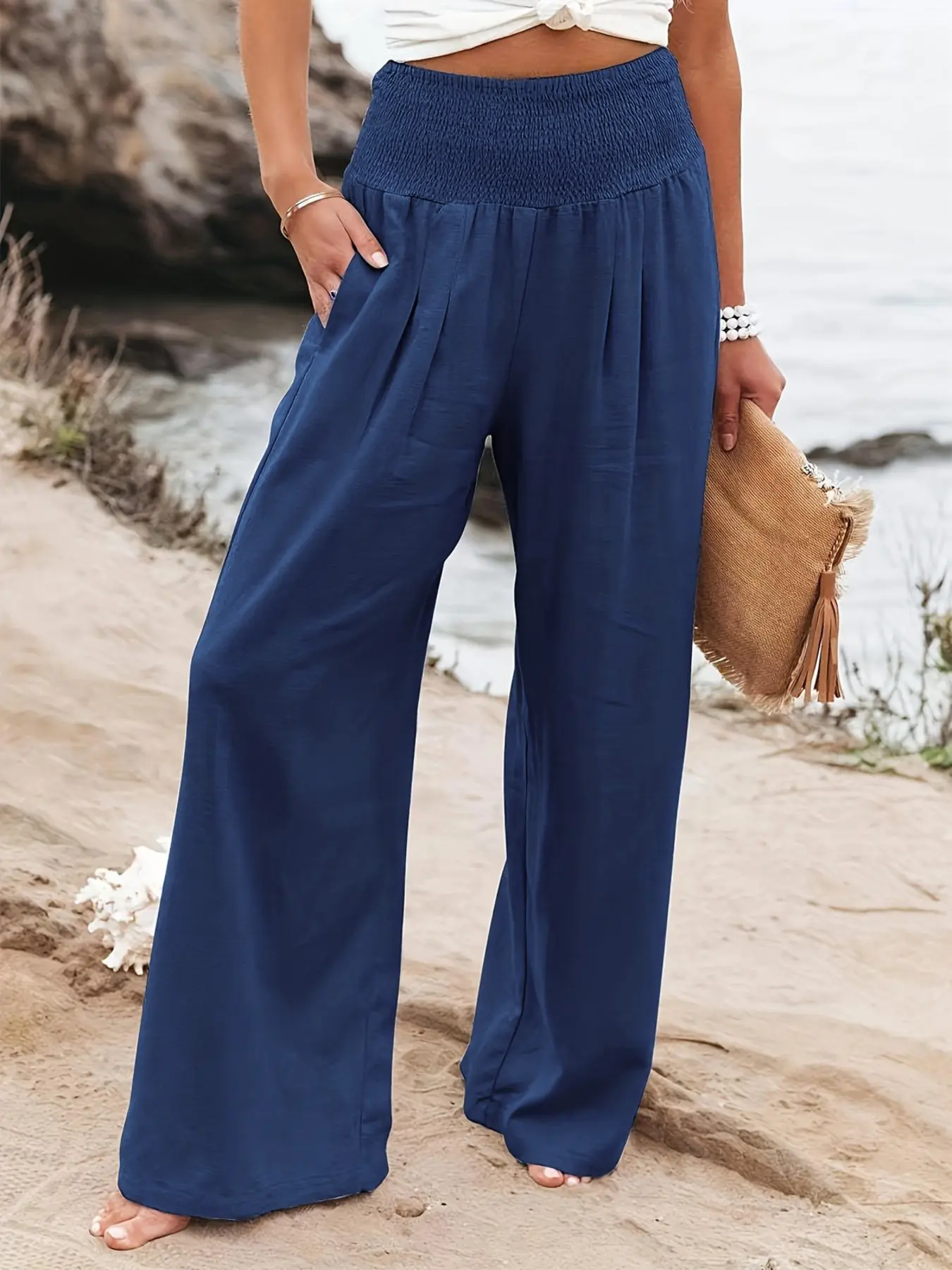 Women's Casual Linen Elastic Waistband Wide Leg Pants, All Seasons Comfortable Loose-Fit Long Trousers, Plain Bottoms, Casual Fashion Bottoms, Casual Comfy Pocket