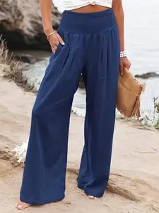 Women's Casual Linen Elastic Waistband Wide Leg Pants, All Seasons Comfortable Loose-Fit Long Trousers, Plain Bottoms, Casual Comfy Pocket