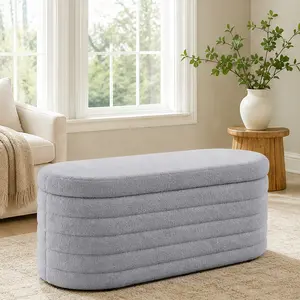 ARCH Modern Oval Storage Ottoman Bench Upholstered Teddy Fabric Foot of Bed Storage Bench with Internal Storage Gray Wood Frame for Bedroom Living Room Entryway No Assembly Required, Gray Color Options, Teddy Material, Product Weight: 24.64 lb
