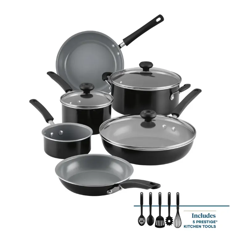 Farberware Easy Clean Pro 14 Pcs Ceramic Nonstick Cookware Set with Cooking Tools, Dishwasher Safe, Black, cookware collection, aluminum pots, cooking utensils