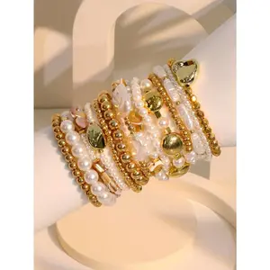 14pcs/Set Baroque Faux Pearl And Golden Heart Charm Stackable Bracelet Set, Suitable for Women Evening Parties and Daily Wear Valentines