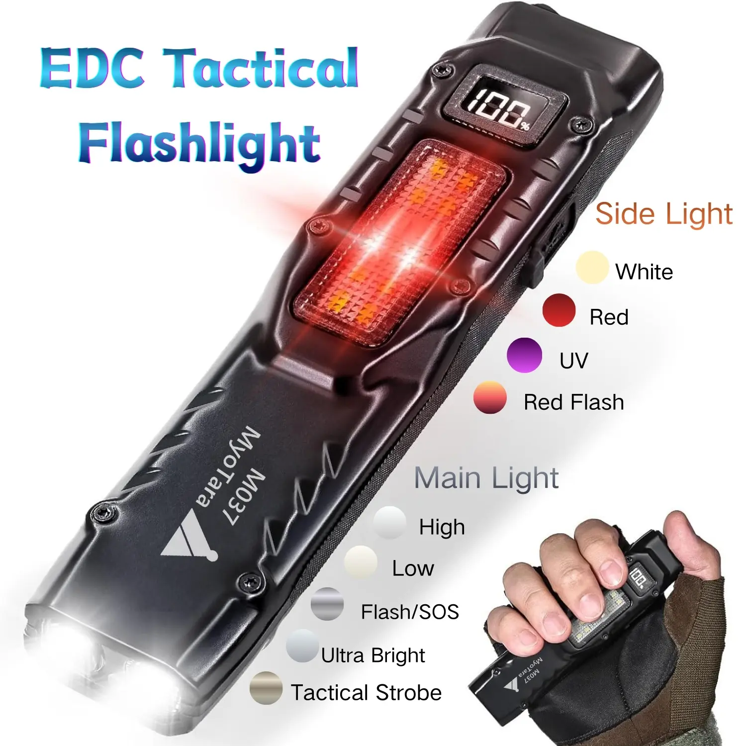 MyoTara Tactical EDC Flashlight - 1000 Lumens Fastcharging Rechargeable 3 oz Steel Alloy Flat LED Light with Clip, Digital Display, Ultralight, Waterproof, Drop-Resistant - Adults' Tactical Camping Accessory for Hiking, Husbands' Gifts