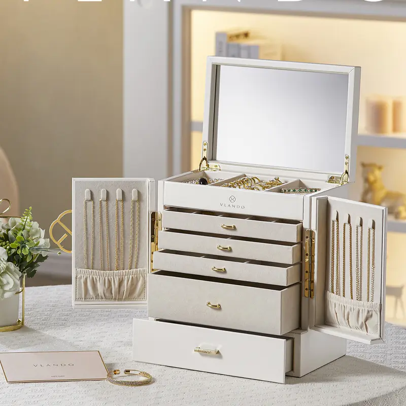 VLANDO Classic Large Rectangular Faux Leather Dustproof Jewelry Box - 5-Layer Compartmentalized Organizers, 5-Drawers with Flip Top Mirror, Bedroom Storage Case, Anniversary Gift for Women