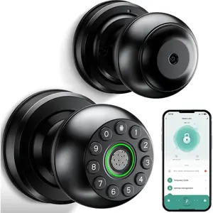 Door Knob Fingerprint Lock 4-in-1 Keyless Entry (Fingerprint/App/Code/Key) Biometric Door with Auto-Lock Easy Install for /Bedroom/Office-Black