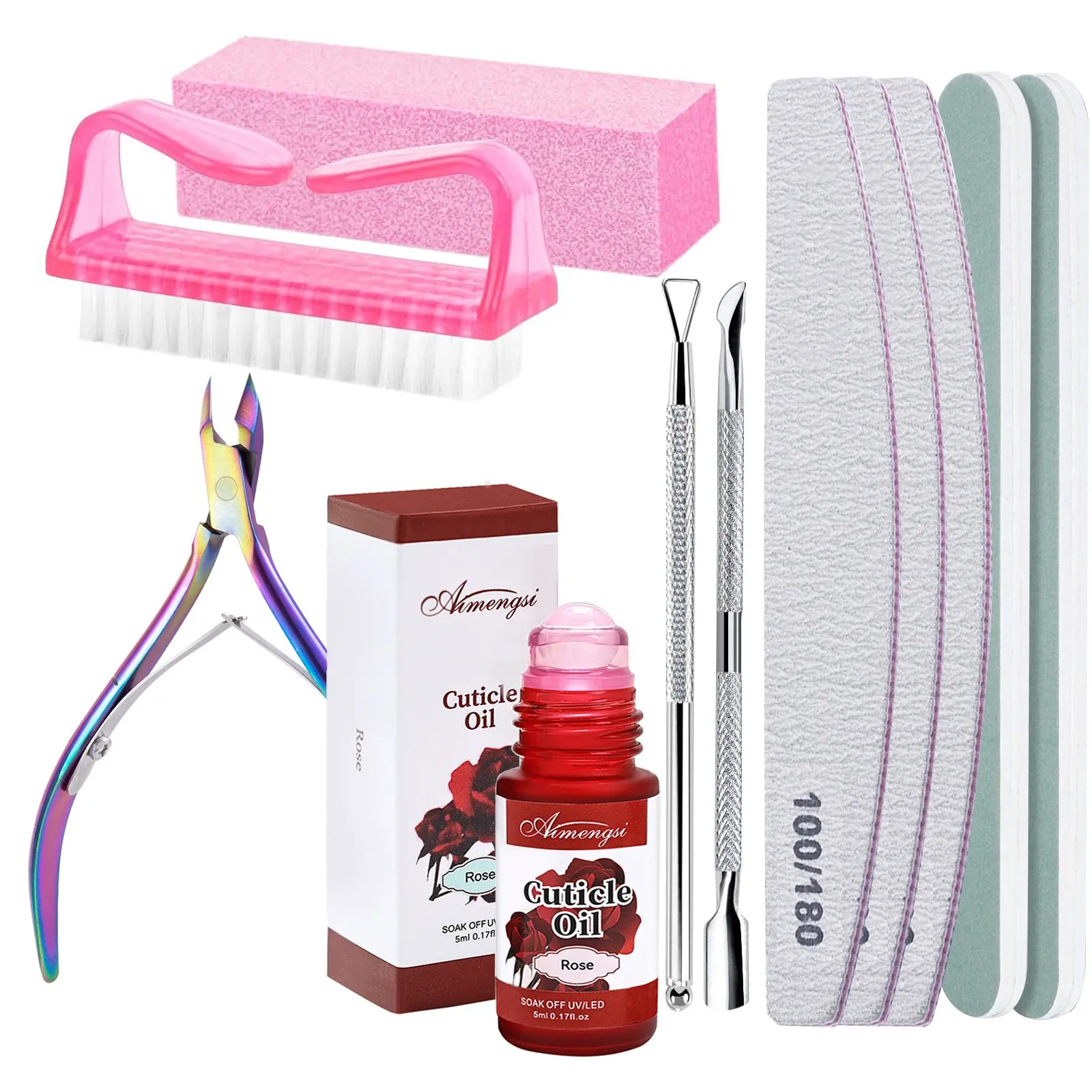 Nail care set, suitable for damaged skin and thin nails. The set includes natural cuticle oil, nail file and buffer, cuticle nipper, and dual-ended cuticle pusher. Suitable for beginner nail artists and nail salons