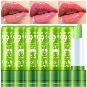 6pcs Aloe Vera Color Changing Lipstick Cosmetic Long Lasting Moisturize Thermostatic Plant Berries Organic Lip Glossy Hydrating Lipstick Makeup Gift