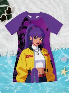 Girls' Cute Slim-Fitting Jumpsuit, All over Print Anime Characters, Quick-Dry Sunscreen Short Sleeve, Beach Pool Surfing Wear
